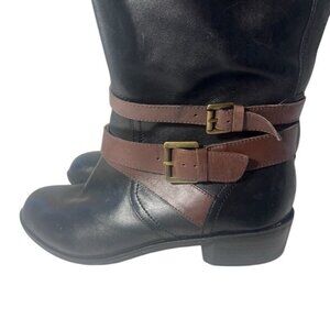 Black & Brown Leather Knee-High Riding Boots 9.5M With Buckle Straps & Side Zipp